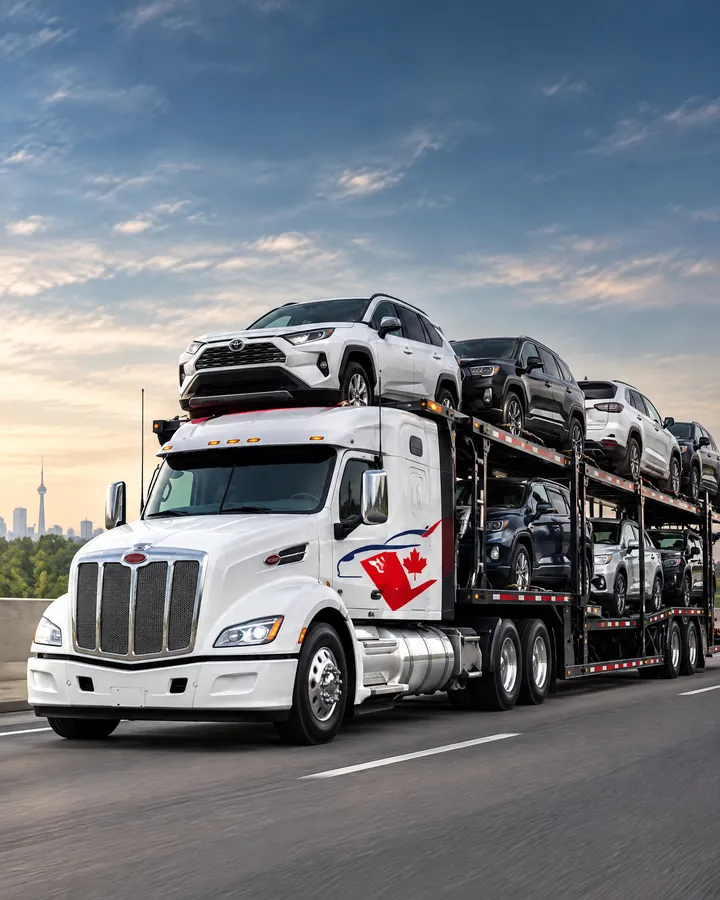 Canada Auto Approval branded vehicle transporter carrying everyday Canadian vehicles